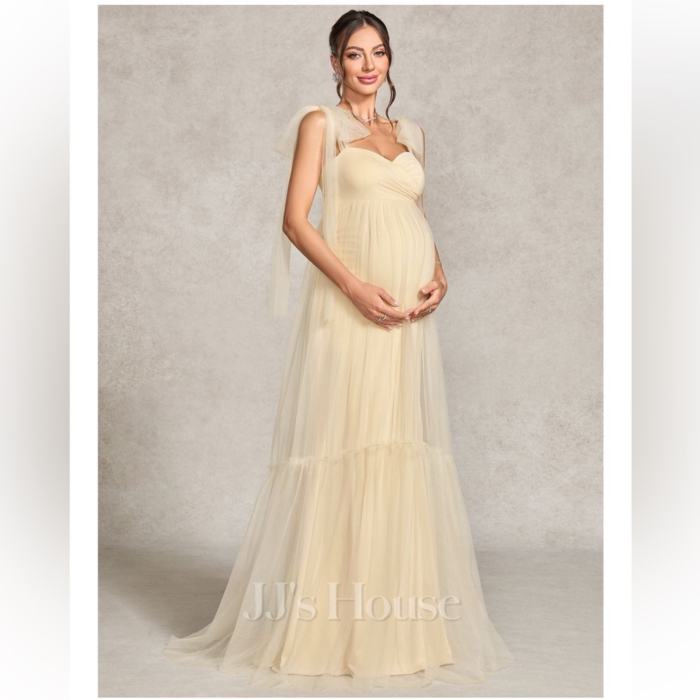 JJs House maternity cream tulle Maxi Dress baby shower